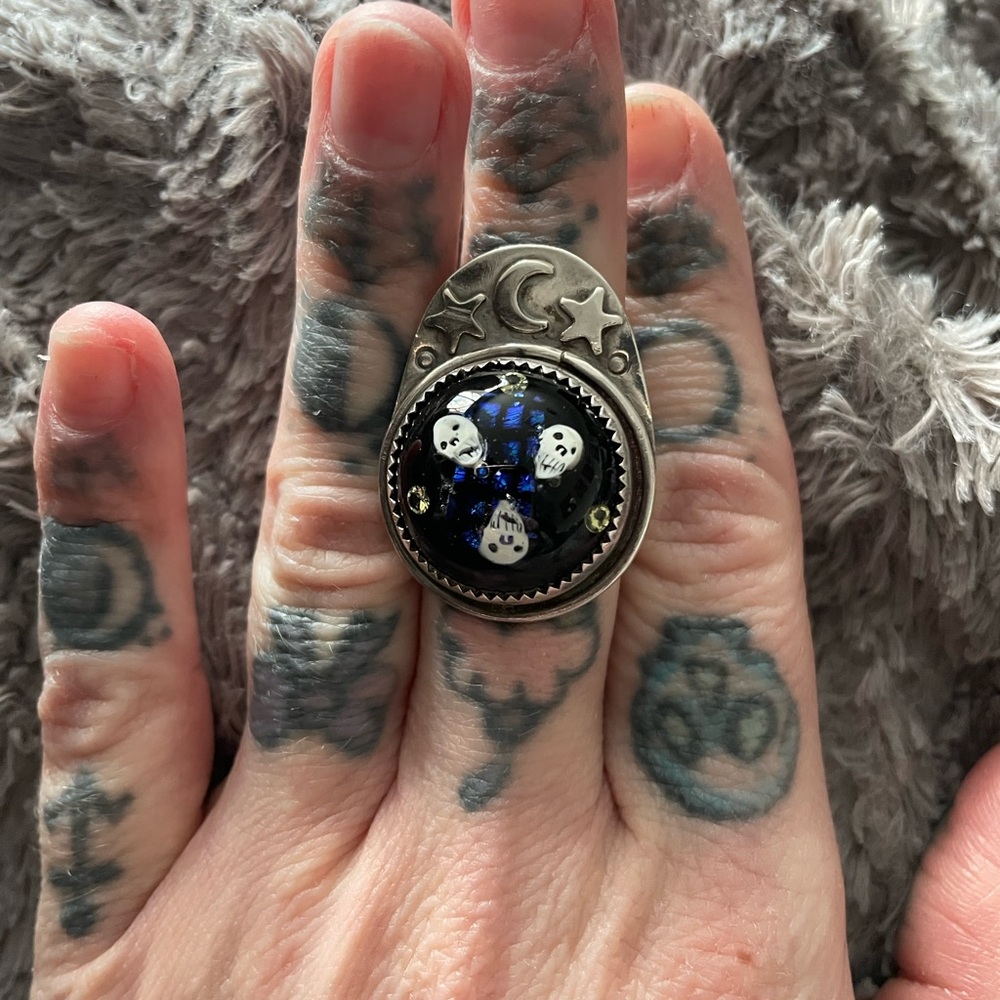 OOAK Skull moon Ring Sterling silver 925 witchy spooky stars
